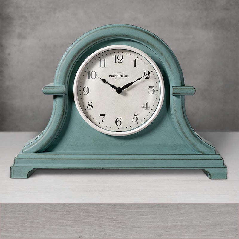 Presentime & Co. Mantel Clock Vintage Farmhouse Series, Napoleon Desk & Shelf Clock, 13 x 10 inch, Domed Lens, Quartz Movement, ABS Plastic Case, Aged Teal Finish (Home/Tabletop Decoration) - Image 3
